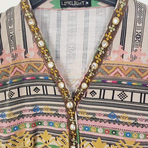 Limelight Brown Embroidered Split Hem Tunic Top Medium Lagenlook Boho Pakistan - Picture 4 of 10